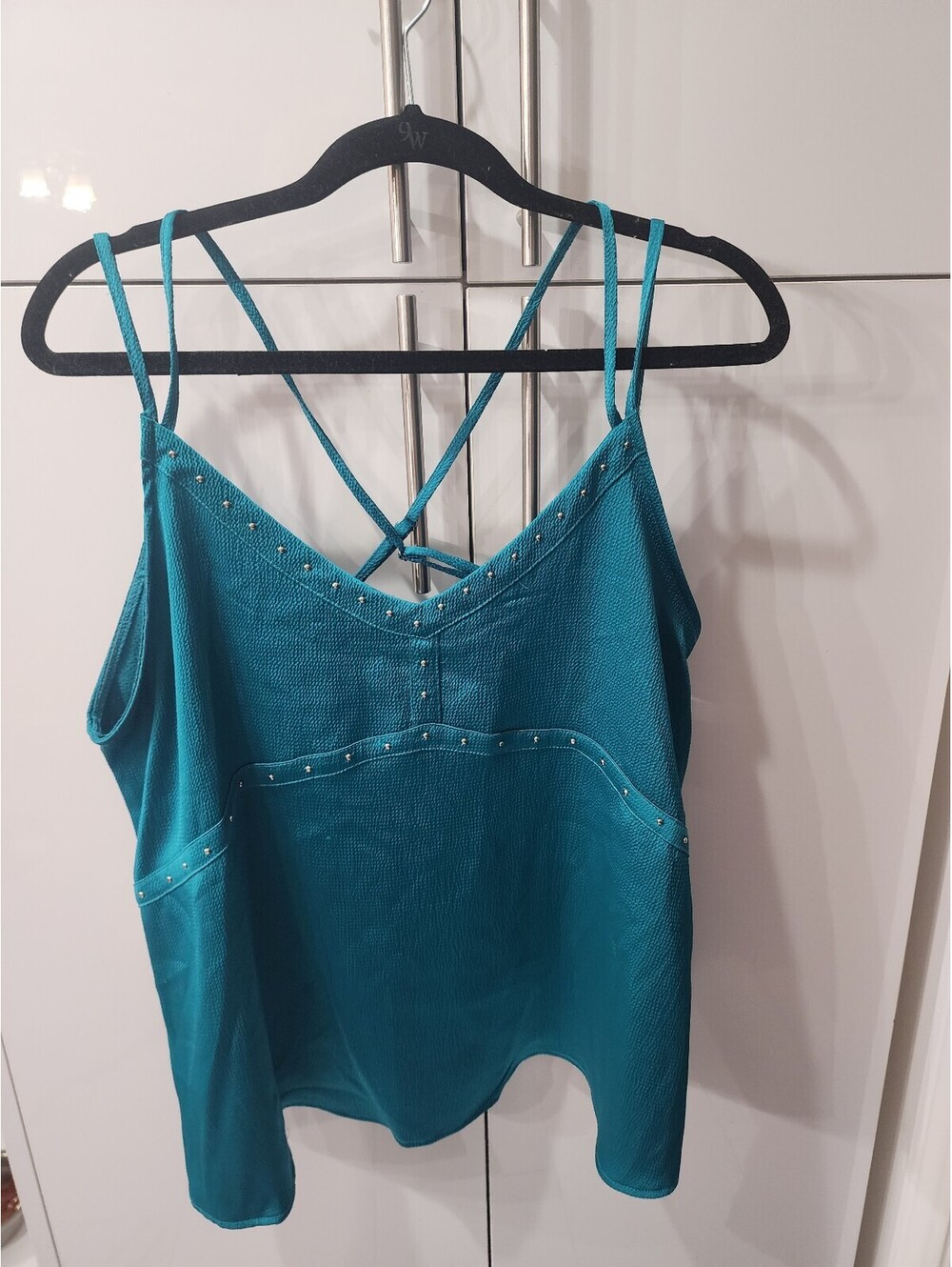 Rock & Roll Denim Women's Teal Studded Tank Top with Crisscross Straps XL